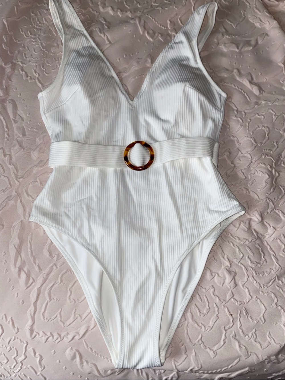 H&M White Ribbed Belted One-Piece Swimsuit